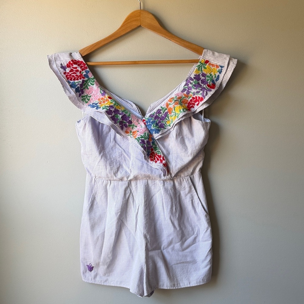 J.Marie Melissa Striped Romper with Colorful Floral Embroidered size small - Picture 2 of 8